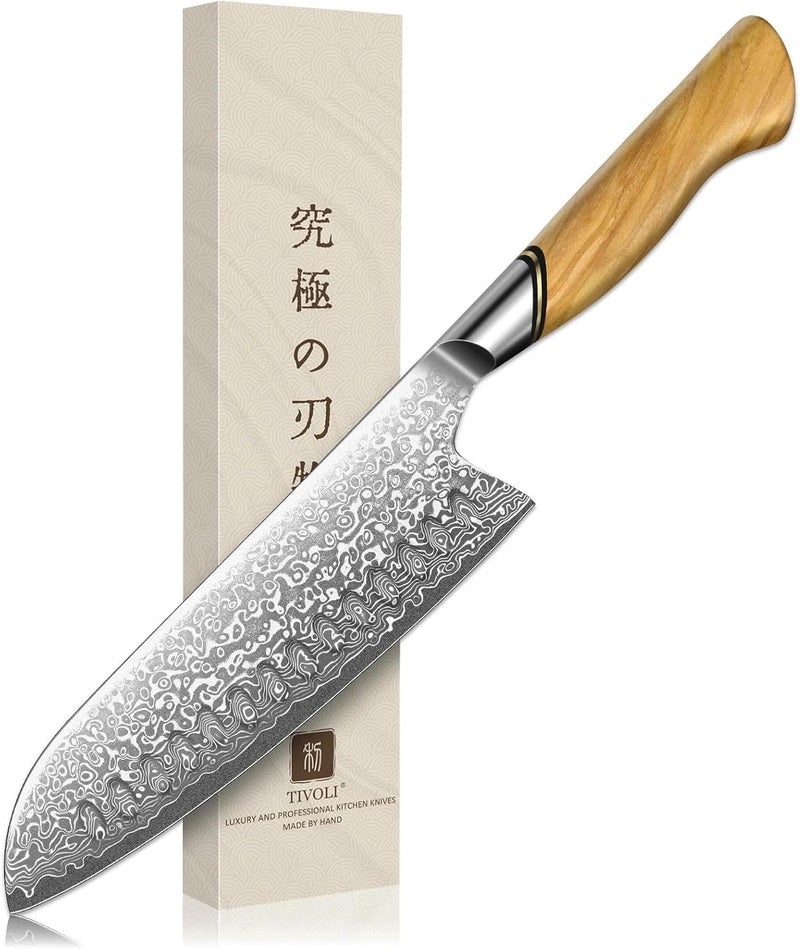 Tivoli Damascus Santoku Knife 7 inch – Japanese VG-10 Professional Kitchen Knife for Meat and Vegetables with Ergonomic Olive Wood Handle, Gift Box Included, Ideal Gift - Image 1